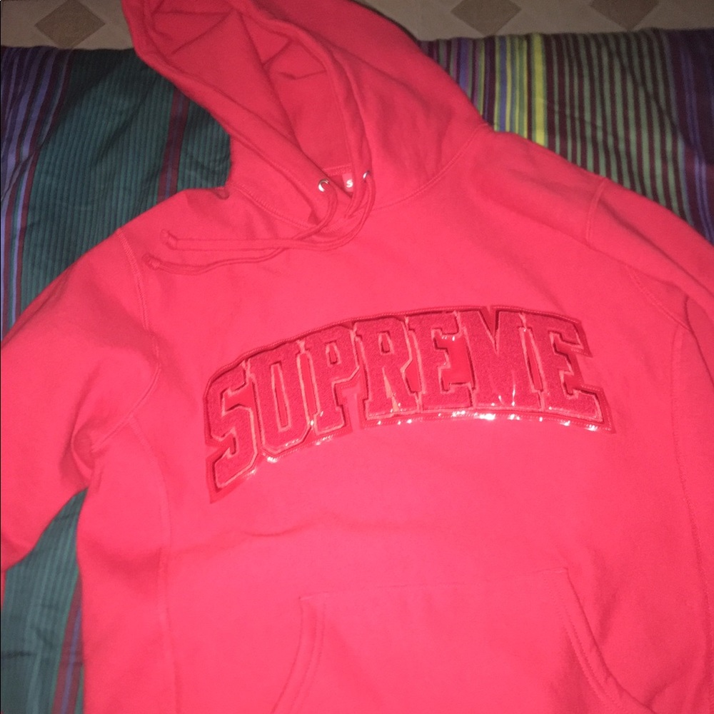Supreme Red Tent Leather Arc Logo Hood Sweatshirt
